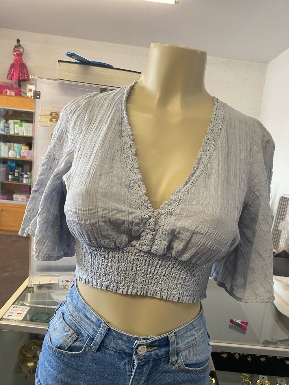 Timing Light Gray Smocked V-Neck Cropped Top